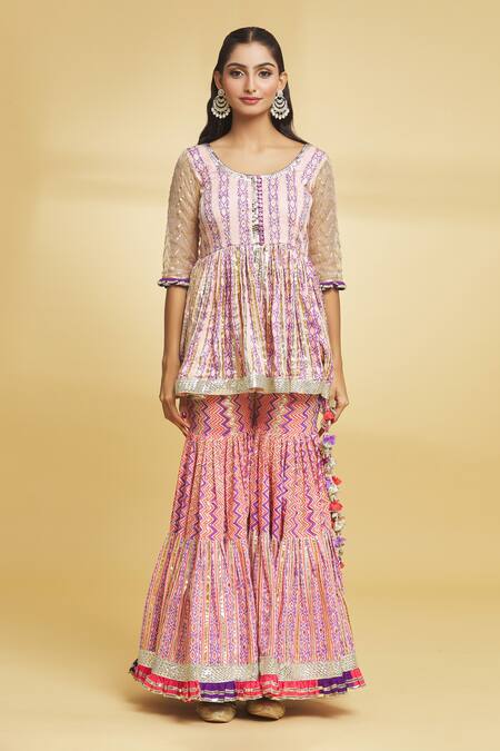 Maayera Jaipur_Peach Silk Organza, Muslin, Chevron Print And Embellished Kurti Gharara Set _Online_at_Aza_Fashions