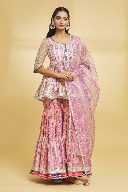 Buy_Maayera Jaipur_Peach Silk Organza, Muslin, Chevron Print And Embellished Kurti Gharara Set _Online_at_Aza_Fashions