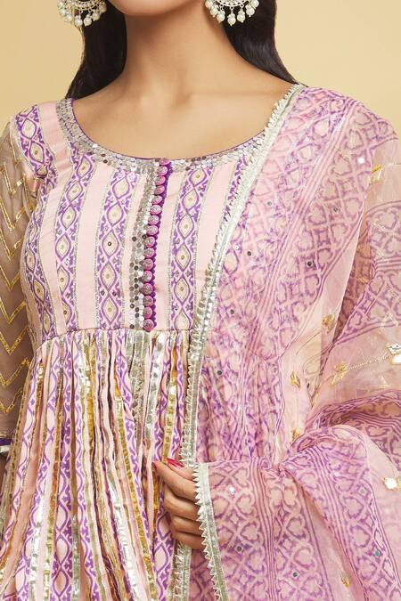 Shop_Maayera Jaipur_Peach Silk Organza, Muslin, Chevron Print And Embellished Kurti Gharara Set _Online_at_Aza_Fashions
