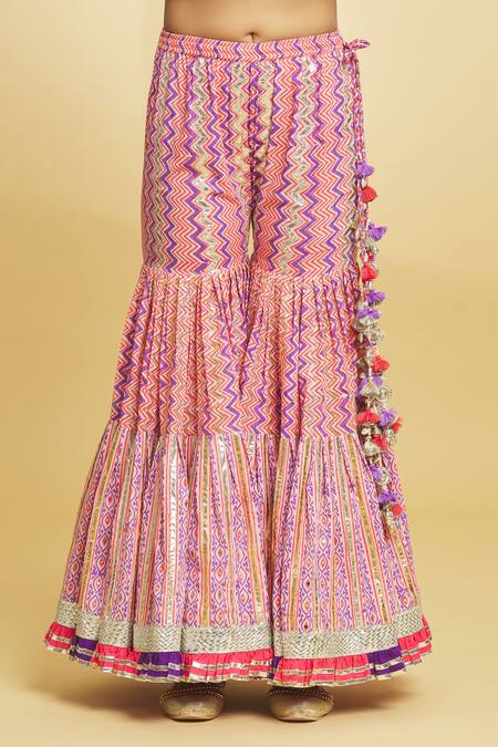 Maayera Jaipur_Peach Silk Organza, Muslin, Chevron Print And Embellished Kurti Gharara Set _at_Aza_Fashions