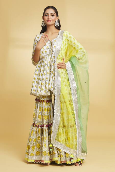 Maayera Jaipur_White Silk Organza, Cotton, Wild Fleur Print And Embellished Kurti Gharara Set _Online_at_Aza_Fashions