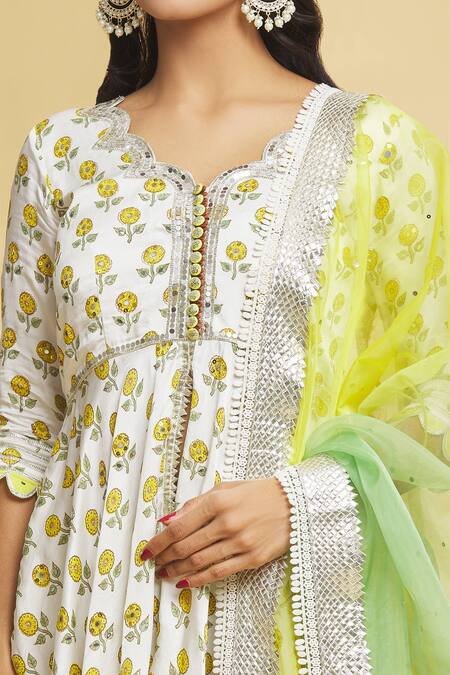 Buy_Maayera Jaipur_White Silk Organza, Cotton, Wild Fleur Print And Embellished Kurti Gharara Set _Online_at_Aza_Fashions
