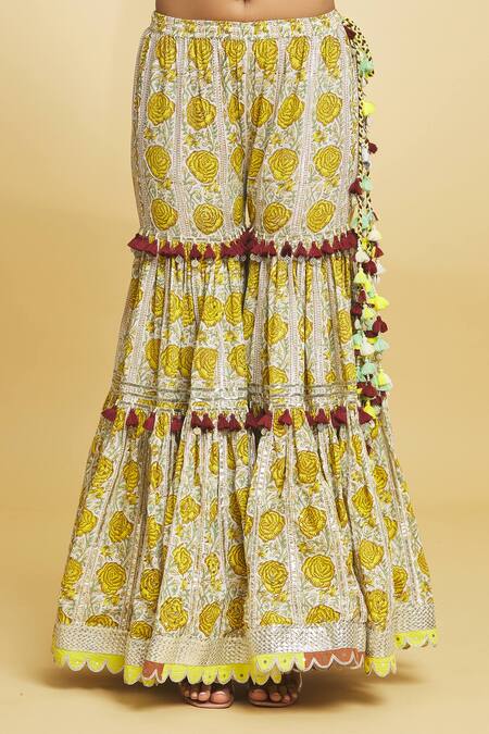 Shop_Maayera Jaipur_White Silk Organza, Cotton, Wild Fleur Print And Embellished Kurti Gharara Set _Online_at_Aza_Fashions