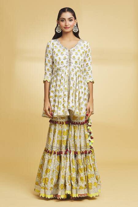 Maayera Jaipur_White Silk Organza, Cotton, Wild Fleur Print And Embellished Kurti Gharara Set _at_Aza_Fashions