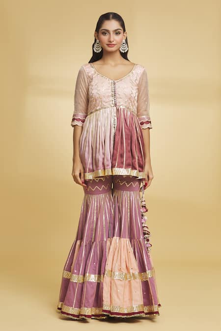 Maayera Jaipur_Pink Organza, Satin, Herringbone And Embroidered Kurti Gharara Set _Online_at_Aza_Fashions