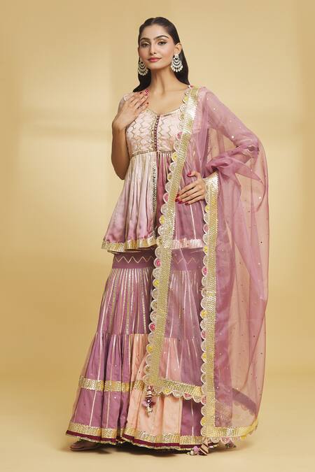 Buy_Maayera Jaipur_Pink Organza, Satin, Herringbone And Embroidered Kurti Gharara Set _Online_at_Aza_Fashions