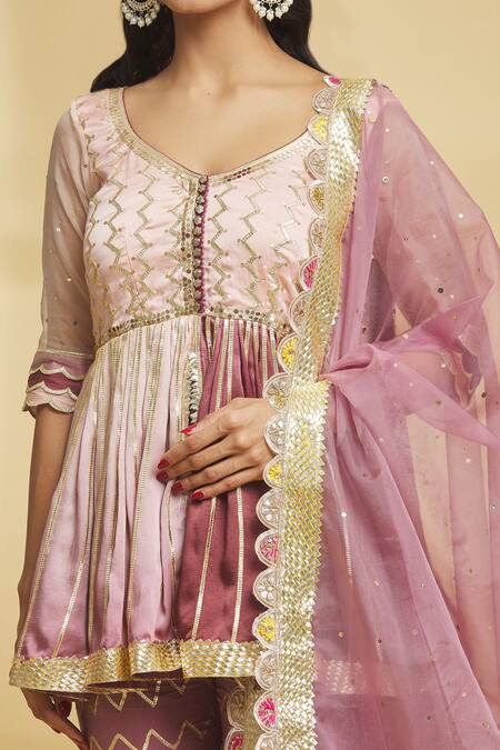 Shop_Maayera Jaipur_Pink Organza, Satin, Herringbone And Embroidered Kurti Gharara Set _Online_at_Aza_Fashions