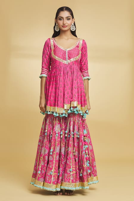 Maayera Jaipur_Pink Organza, Satin, Cotton, Muslin Gota Bahar Print Kurti Gharara Set _Online_at_Aza_Fashions
