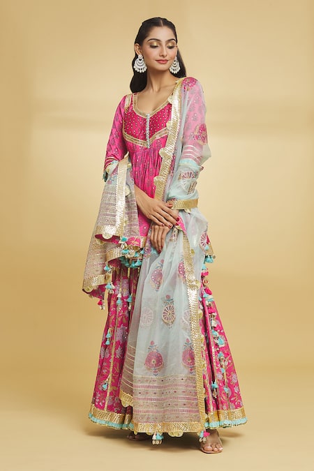 Buy_Maayera Jaipur_Pink Organza, Satin, Cotton, Muslin Gota Bahar Print Kurti Gharara Set _Online_at_Aza_Fashions
