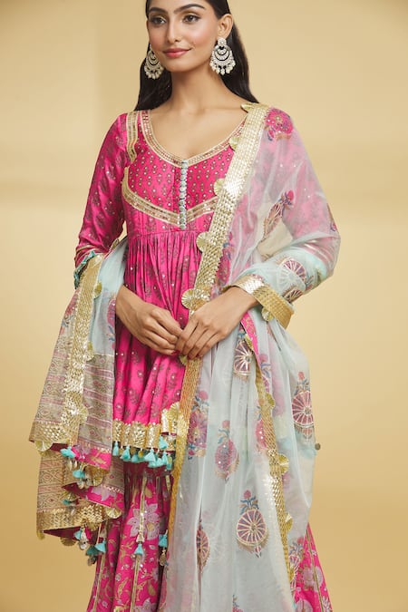 Shop_Maayera Jaipur_Pink Organza, Satin, Cotton, Muslin Gota Bahar Print Kurti Gharara Set _Online_at_Aza_Fashions