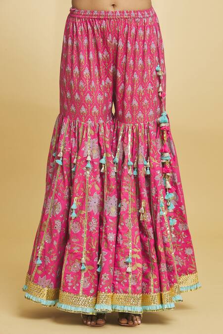 Maayera Jaipur_Pink Organza, Satin, Cotton, Muslin Gota Bahar Print Kurti Gharara Set _at_Aza_Fashions