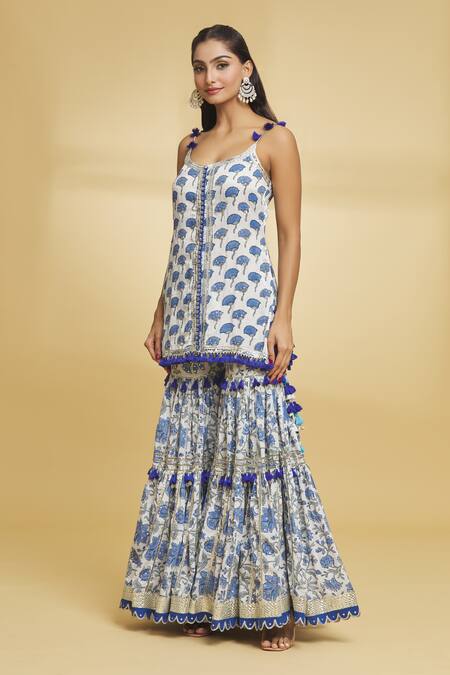 Maayera Jaipur_White Organza, Cotton, Satin Gul Print Embellished Kurti Gharara Set _Online_at_Aza_Fashions