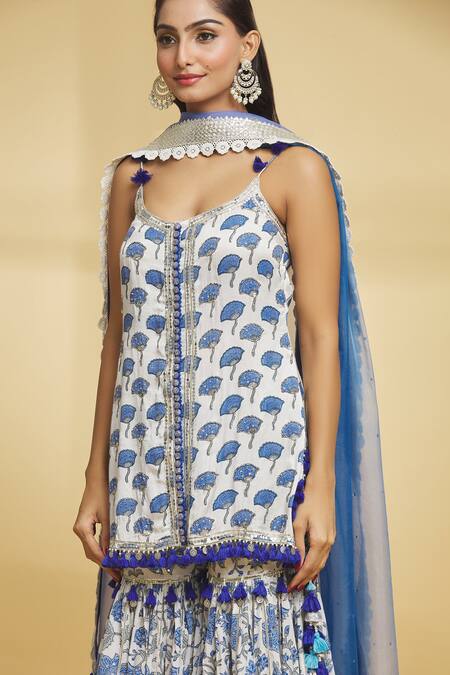 Buy_Maayera Jaipur_White Organza, Cotton, Satin Gul Print Embellished Kurti Gharara Set _Online_at_Aza_Fashions