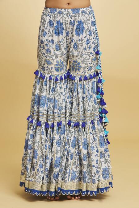 Shop_Maayera Jaipur_White Organza, Cotton, Satin Gul Print Embellished Kurti Gharara Set _Online_at_Aza_Fashions