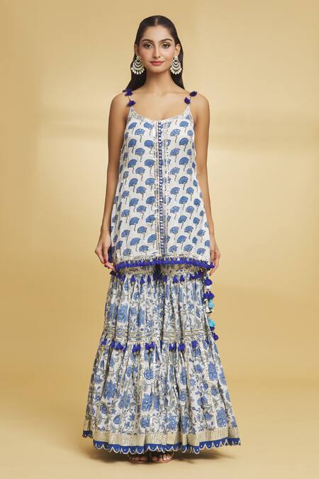 Maayera Jaipur_White Organza, Cotton, Satin Gul Print Embellished Kurti Gharara Set _at_Aza_Fashions