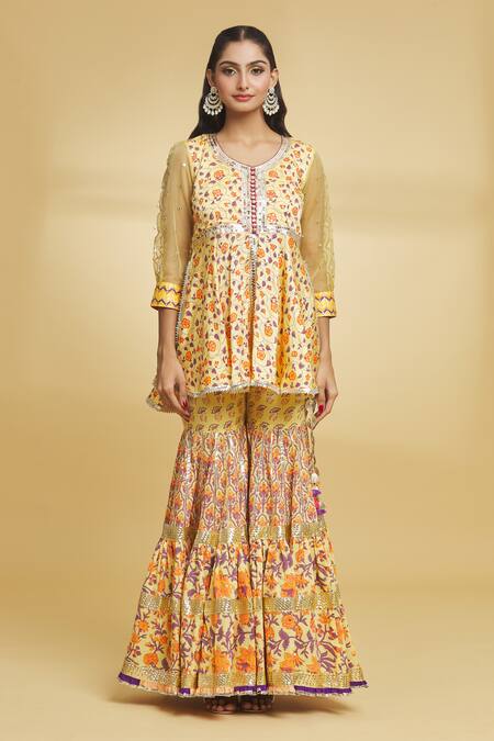 Maayera Jaipur_Yellow Organza, Satin, Cotton, Persian Garden Print Kurti Gharara Set _Online_at_Aza_Fashions