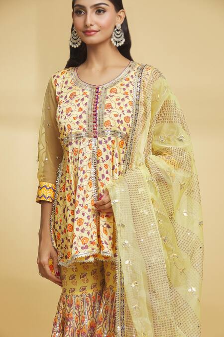 Shop_Maayera Jaipur_Yellow Organza, Satin, Cotton, Persian Garden Print Kurti Gharara Set _Online_at_Aza_Fashions