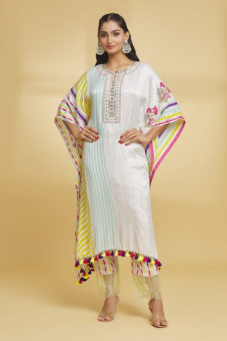 Maayera Jaipur White Mul Satin Print Carnival Sequin Embellished Kaftan With Pant  