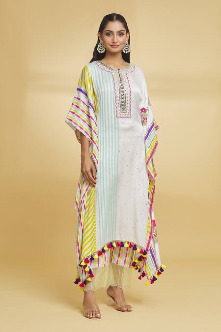 Maayera Jaipur_White Muslin, Cotton Gota Patti, Carnival Bloom Embellished Kaftan With Pant _Online_at_Aza_Fashions
