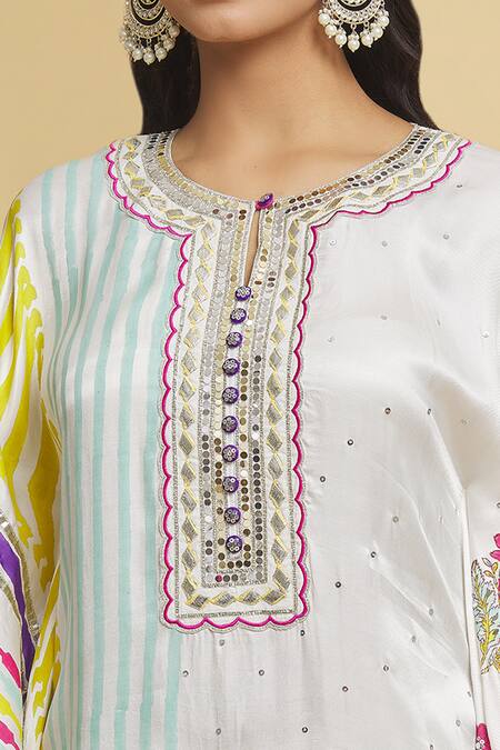 Buy_Maayera Jaipur_White Muslin, Cotton Gota Patti, Carnival Bloom Embellished Kaftan With Pant _Online_at_Aza_Fashions