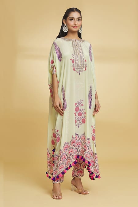 Maayera Jaipur_Green Silk, Crepe Sequins, Tassels Round Damask Bloom Print Kaftan With Pant _Online_at_Aza_Fashions