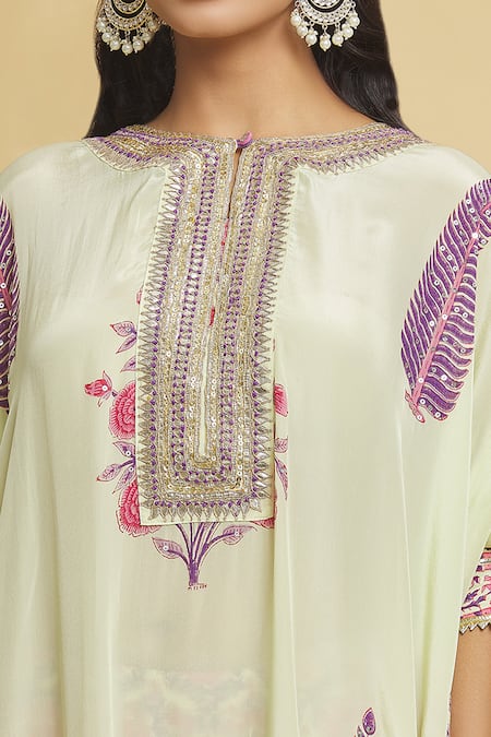 Buy_Maayera Jaipur_Green Silk, Crepe Sequins, Tassels Round Damask Bloom Print Kaftan With Pant _Online_at_Aza_Fashions