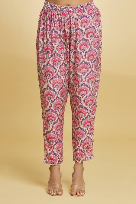 Shop_Maayera Jaipur_Green Silk, Crepe Sequins, Tassels Round Damask Bloom Print Kaftan With Pant _Online_at_Aza_Fashions