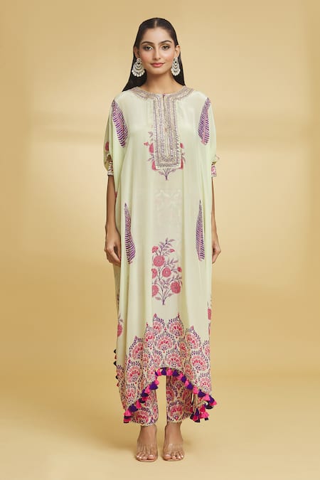 Maayera Jaipur_Green Silk, Crepe Sequins, Tassels Round Damask Bloom Print Kaftan With Pant _at_Aza_Fashions