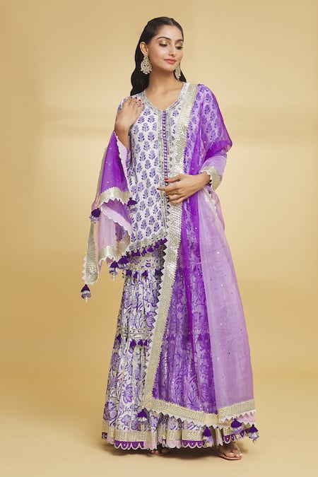 Maayera Jaipur_White Organza, Satin, Cotton, Muslin Bud Bloom Print Kurti Gharara Set _Online_at_Aza_Fashions