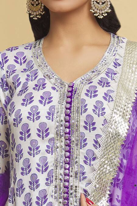 Buy_Maayera Jaipur_White Organza, Satin, Cotton, Muslin Bud Bloom Print Kurti Gharara Set _Online_at_Aza_Fashions