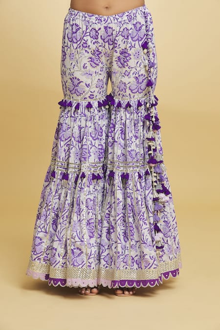 Shop_Maayera Jaipur_White Organza, Satin, Cotton, Muslin Bud Bloom Print Kurti Gharara Set _Online_at_Aza_Fashions