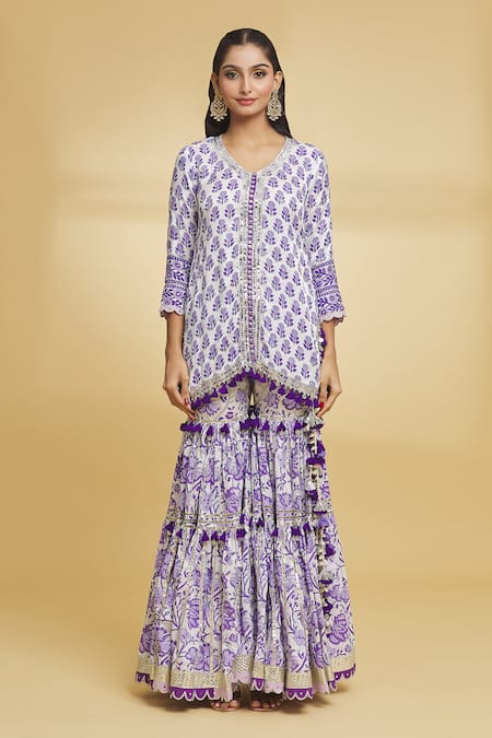 Maayera Jaipur_White Organza, Satin, Cotton, Muslin Bud Bloom Print Kurti Gharara Set _at_Aza_Fashions