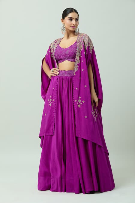 Mrunalini Rao Magenta Silk Embroidery, Zari Open Neck Paisley Resham Cape Lehenga Set Online at Aza Fashions Mrunalini Rao_Magenta Silk Embroidery, Zari Open Neck Paisley Resham Cape Lehenga Set_Online_at_Aza_Fashions
