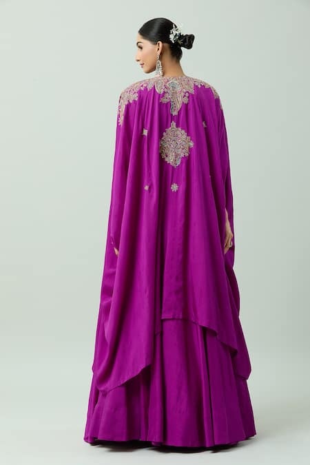 Shop Mrunalini Rao Magenta Silk Embroidery, Zari Open Neck Paisley Resham Cape Lehenga Set Online at Aza Fashions Shop_Mrunalini Rao_Magenta Silk Embroidery, Zari Open Neck Paisley Resham Cape Lehenga Set_Online_at_Aza_Fashions