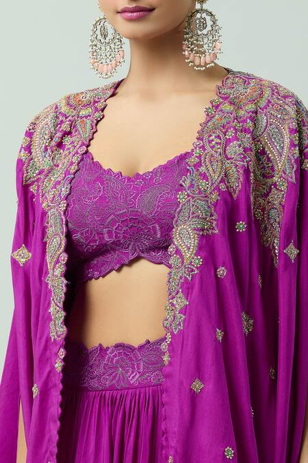 Mrunalini Rao Magenta Silk Embroidery, Zari Open Neck Paisley Resham Cape Lehenga Set at Aza Fashions Mrunalini Rao_Magenta Silk Embroidery, Zari Open Neck Paisley Resham Cape Lehenga Set_at_Aza_Fashions