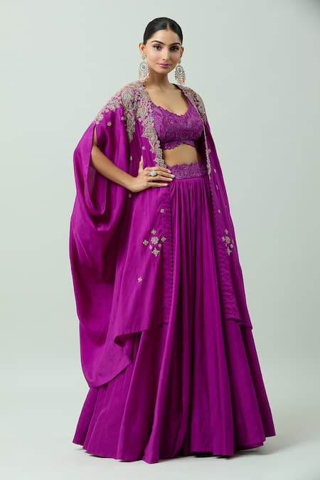 Buy Mrunalini Rao Magenta Silk Embroidery, Zari Open Neck Paisley Resham Cape Lehenga Set Buy_Mrunalini Rao_Magenta Silk Embroidery, Zari Open Neck Paisley Resham Cape Lehenga Set
