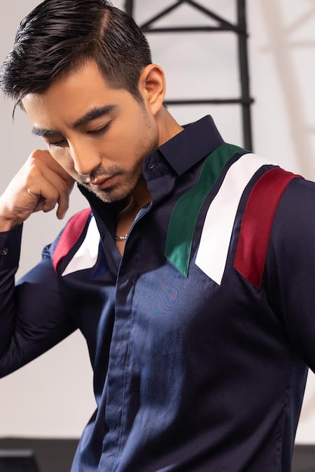 Seven_Multi Color Cotton Embroidery Stripe Patchwork Shirt_Online_at_Aza_Fashions