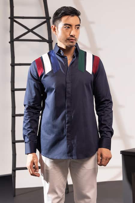 Buy_Seven_Multi Color Cotton Embroidery Stripe Patchwork Shirt_Online_at_Aza_Fashions