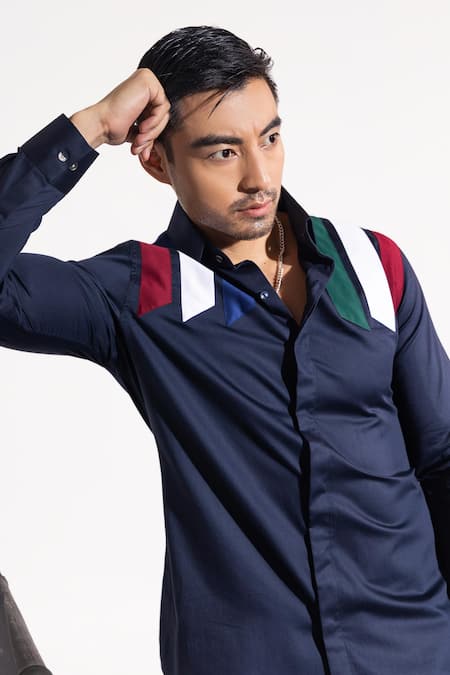 Shop_Seven_Multi Color Cotton Embroidery Stripe Patchwork Shirt_Online_at_Aza_Fashions