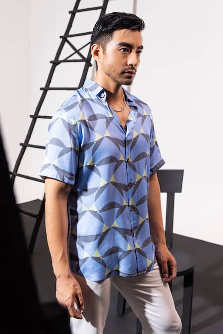 Seven_Blue Cotton Satin Prime Geometric Print Shirt_Online_at_Aza_Fashions