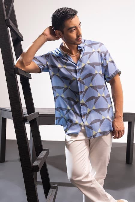 Buy_Seven_Blue Cotton Satin Prime Geometric Print Shirt_Online_at_Aza_Fashions