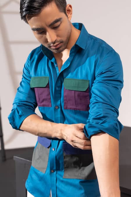 Shop_Seven_Blue Cotton Safari Shirt_Online_at_Aza_Fashions