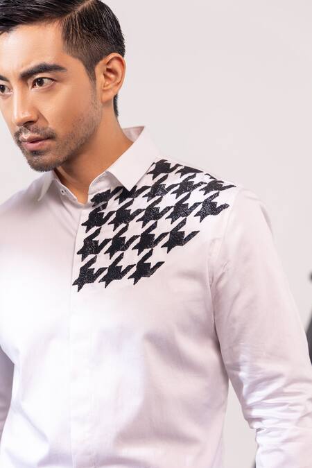 Seven_White Cotton Cut Work Broken Houndstooth Placement Embroidered Shirt_Online_at_Aza_Fashions