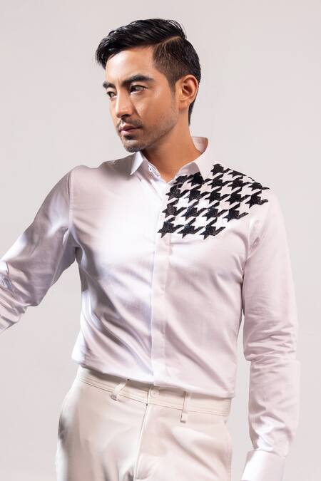 Buy_Seven_White Cotton Cut Work Broken Houndstooth Placement Embroidered Shirt_Online_at_Aza_Fashions