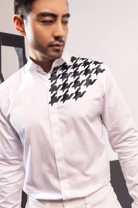 Shop_Seven_White Cotton Cut Work Broken Houndstooth Placement Embroidered Shirt_Online_at_Aza_Fashions