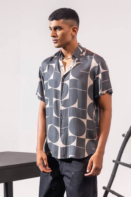 Seven_Grey Cotton Satin Brute Geometric Print Shirt_Online_at_Aza_Fashions