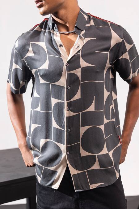 Buy_Seven_Grey Cotton Satin Brute Geometric Print Shirt_Online_at_Aza_Fashions