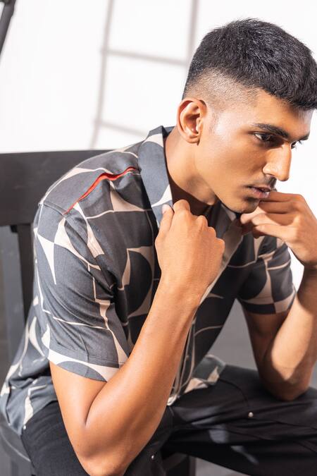 Shop_Seven_Grey Cotton Satin Brute Geometric Print Shirt_Online_at_Aza_Fashions