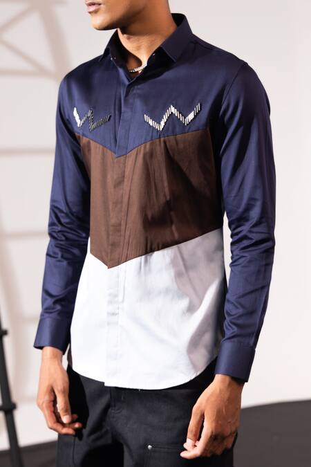 Seven_Multi Color Cotton Embroidery Chevron Colorblock Shirt_Online_at_Aza_Fashions