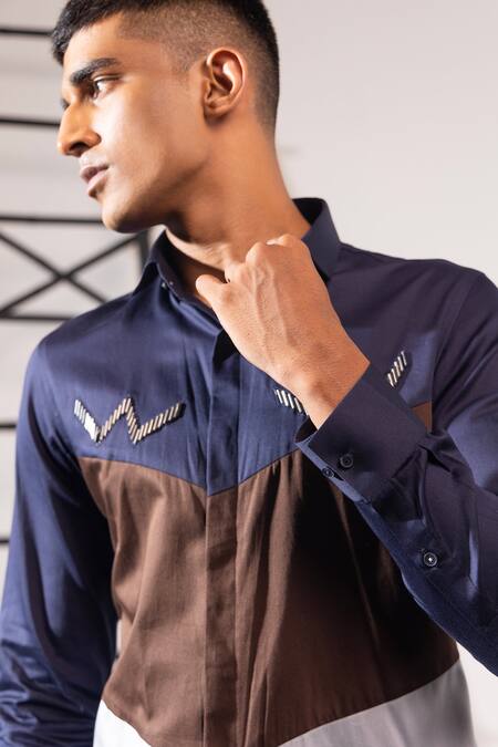 Shop_Seven_Multi Color Cotton Embroidery Chevron Colorblock Shirt_Online_at_Aza_Fashions